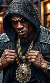 a man wearing a black robe and gold necklace