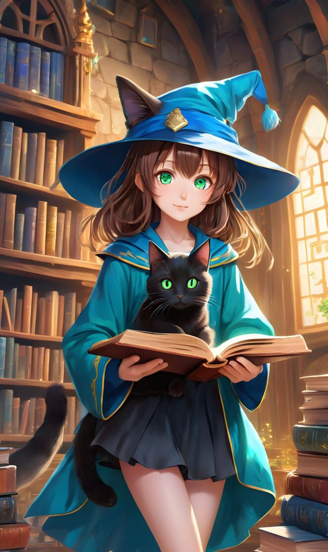 cute magician in training with cat
