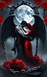 a woman in a red dress kissing a man in a black robe