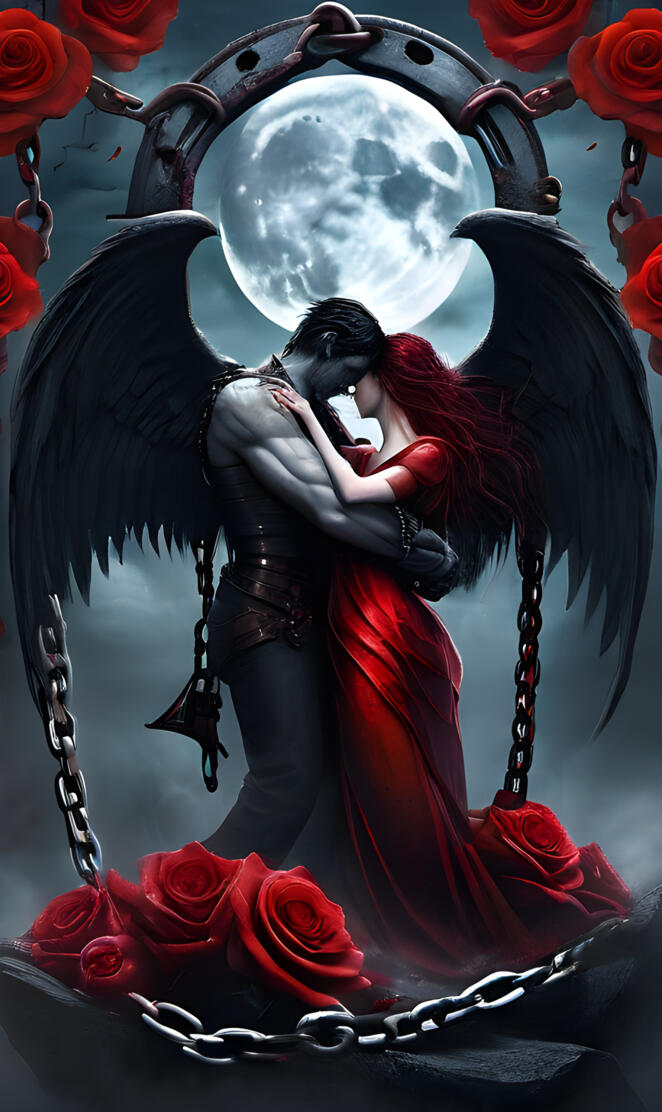 a woman in a red dress kissing a man in a black robe