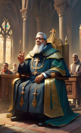 a person in a robe and crown sitting in a chair in a church