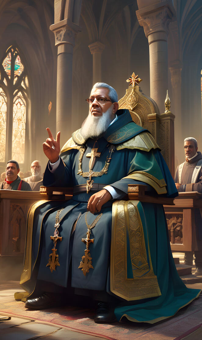 a person in a robe and crown sitting in a chair in a church