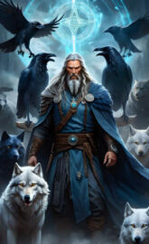 a person in a robe with a group of dogs around him