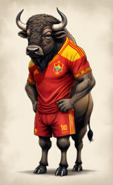 a statue of a bull wearing a red robe and a gold hat