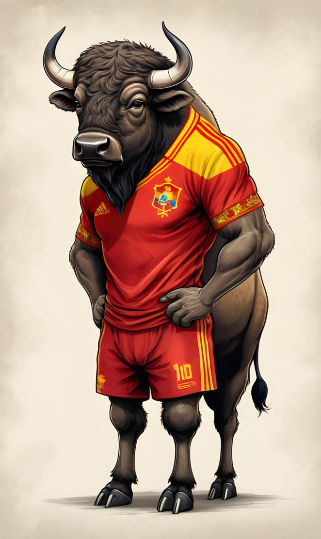 a statue of a bull wearing a red robe and a gold hat