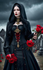 a woman in a black robe holding a bouquet of red roses