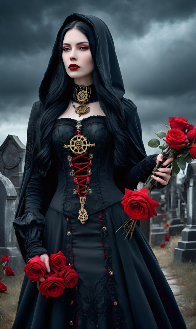 a woman in a black robe holding a bouquet of red roses