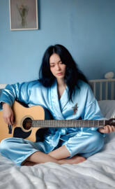 ((wearing a pale blue satin and fur robe)) and ((pyjamas)) a beautiful