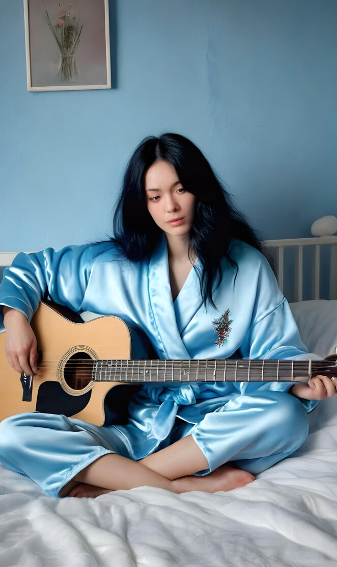 ((wearing a pale blue satin and fur robe)) and ((pyjamas)) a beautiful