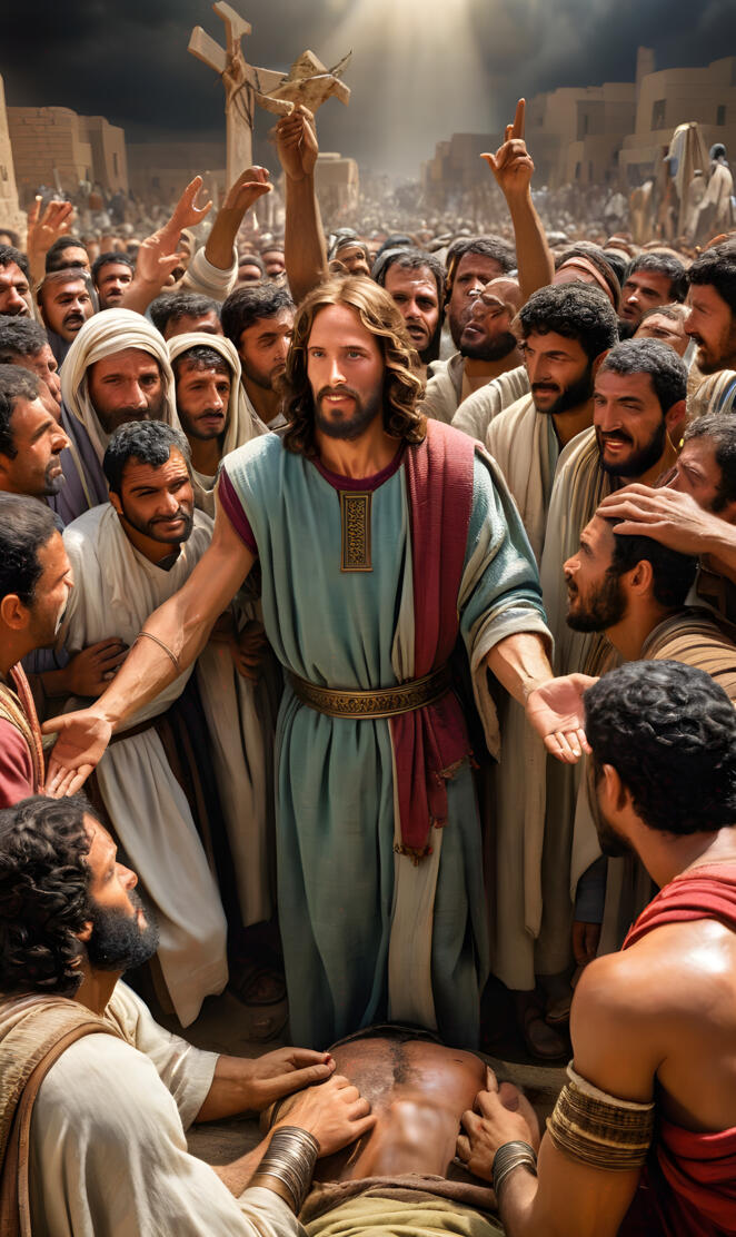 a person in a robe with a crown and a group of people