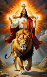 a man in a religious robe and crown standing on a lion