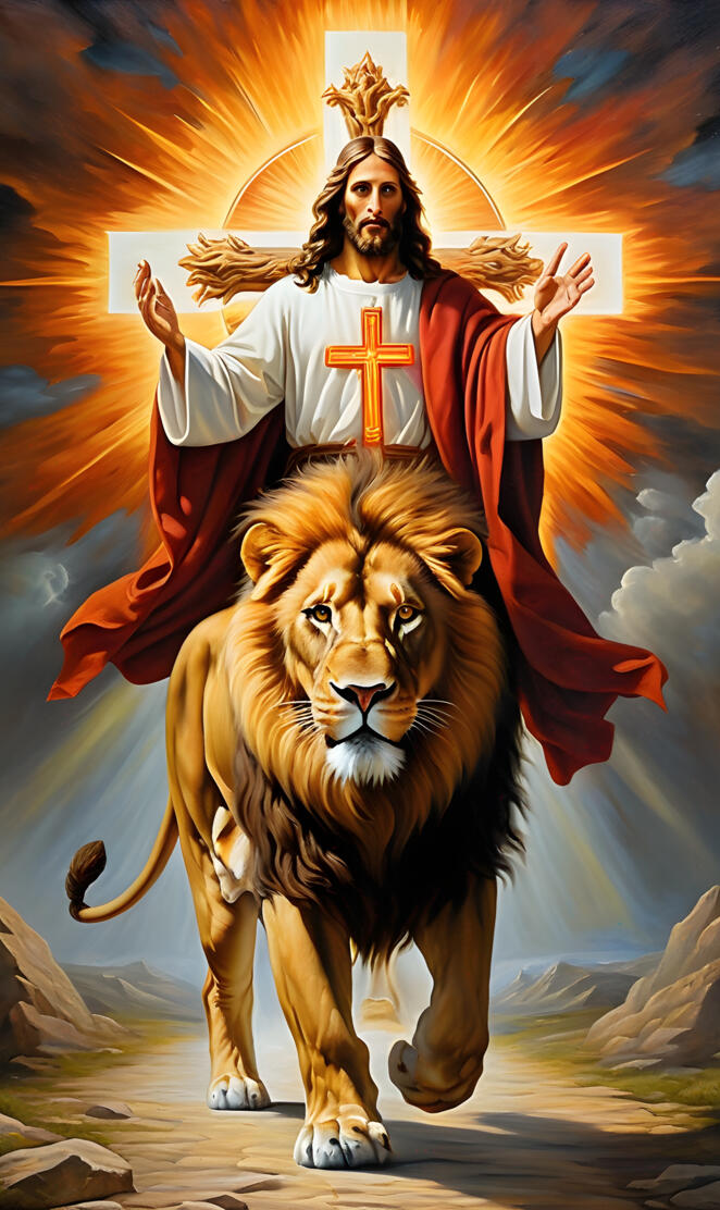 a man in a religious robe and crown standing on a lion