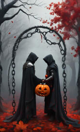 a couple of people in black robes holding a pumpkin in a tree