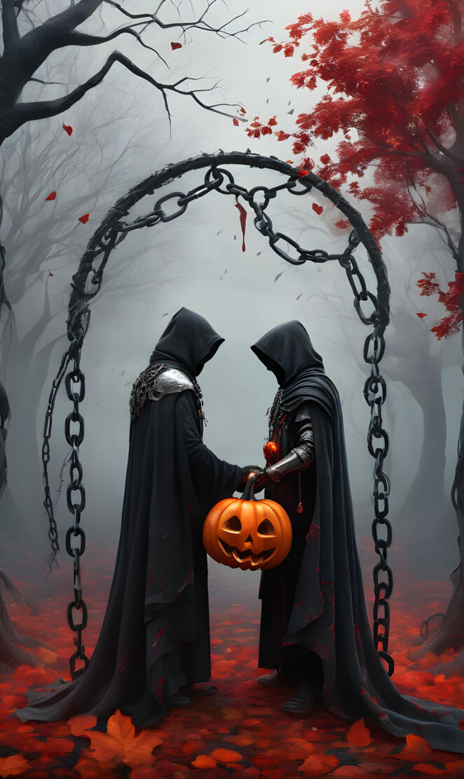 a couple of people in black robes holding a pumpkin in a tree