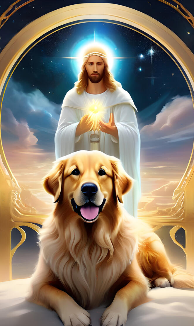 a person in a white robe and a dog in front of a window