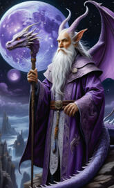 a person in a purple robe with a sword and a unicorn horn