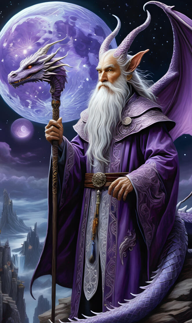a person in a purple robe with a sword and a unicorn horn