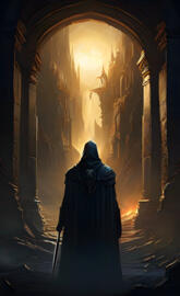 a person in a robe in a dark room with a light shining through