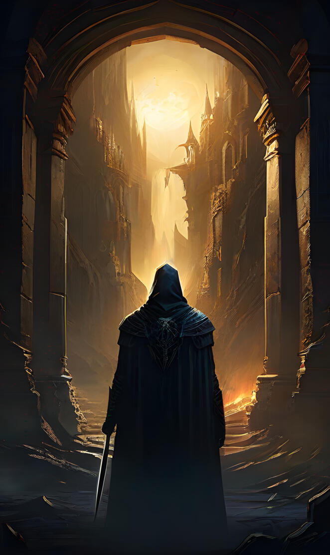 a person in a robe in a dark room with a light shining through