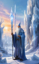 a person in a blue robe and hat holding a sword in a snowy environment