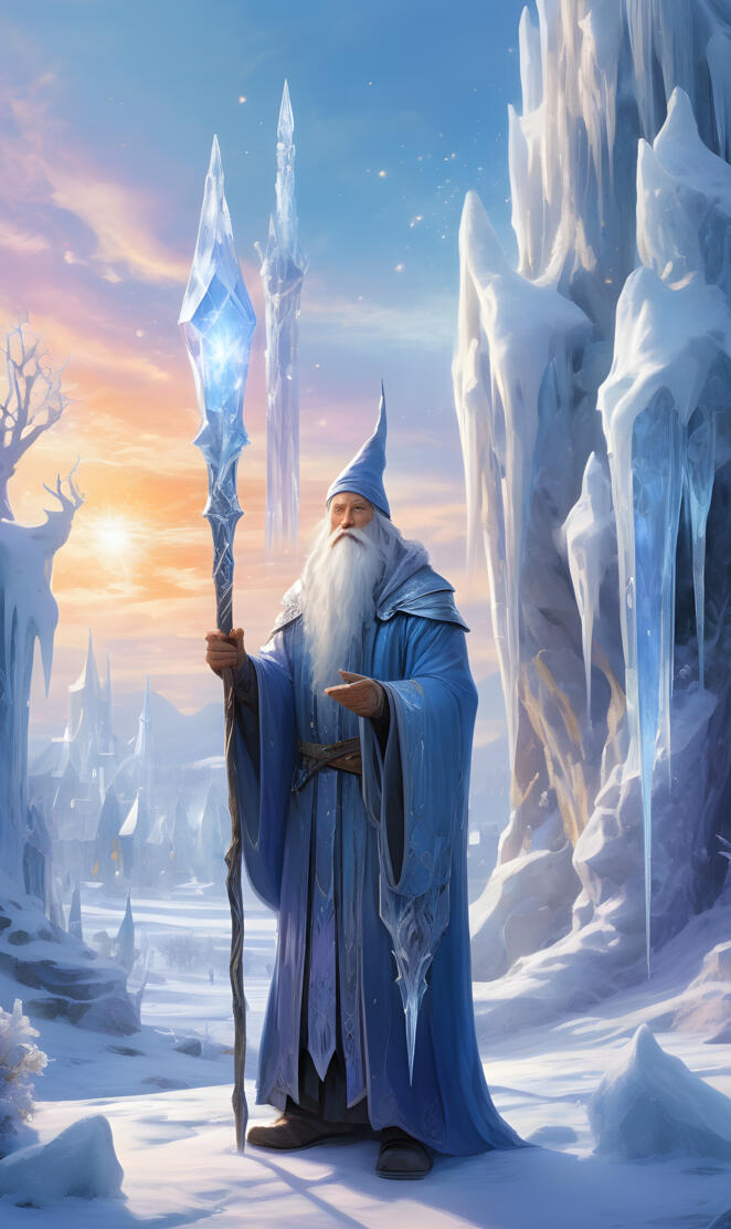 a person in a blue robe and hat holding a sword in a snowy environment