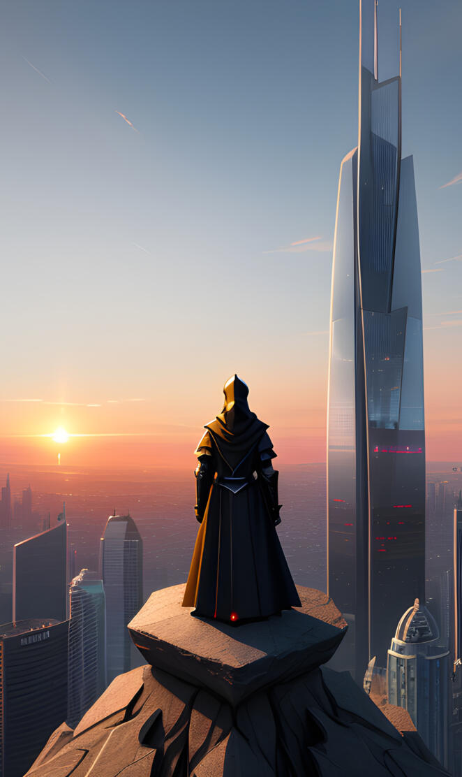 a statue of a person in a robe on a rooftop with a city skyline in