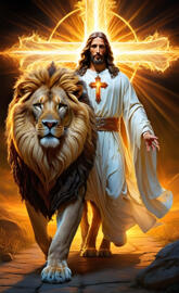 a person in a white robe and a lion with a light behind him