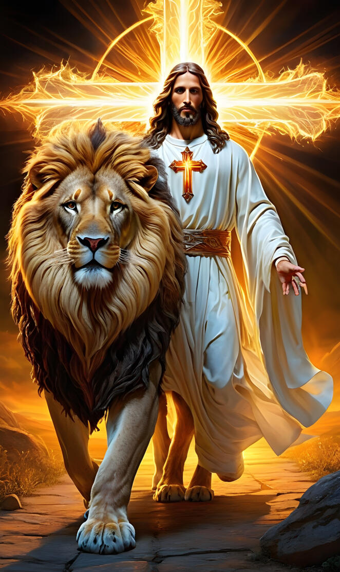 a person in a white robe and a lion with a light behind him