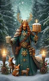 a statue of a person in a robe with a crown and two small deer