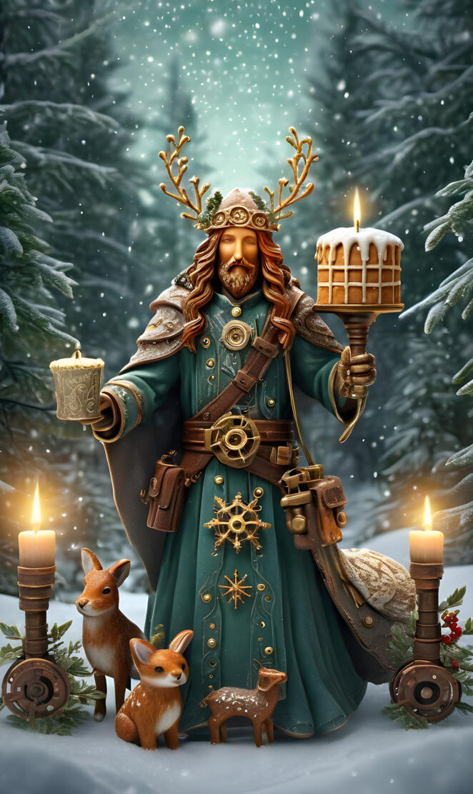 a statue of a person in a robe with a crown and two small deer