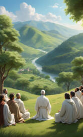 a group of people sitting on a hill looking at a valley