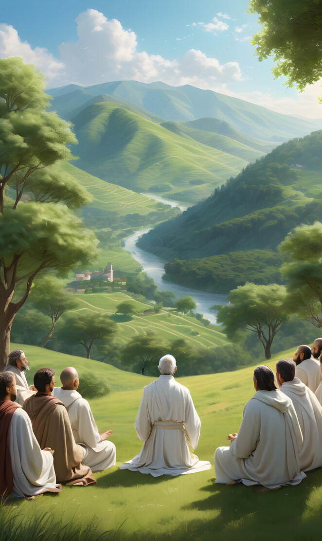 a group of people sitting on a hill looking at a valley