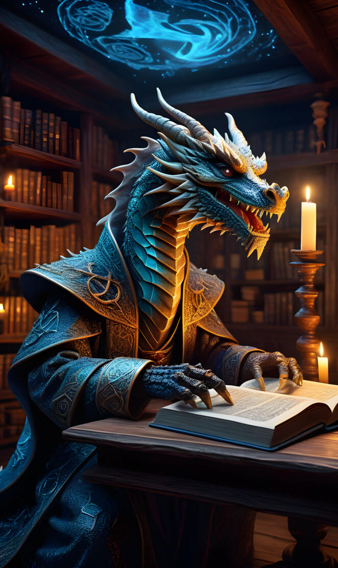 a dragon reading a book