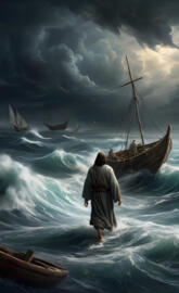 a man walking in the ocean with a boat in the water