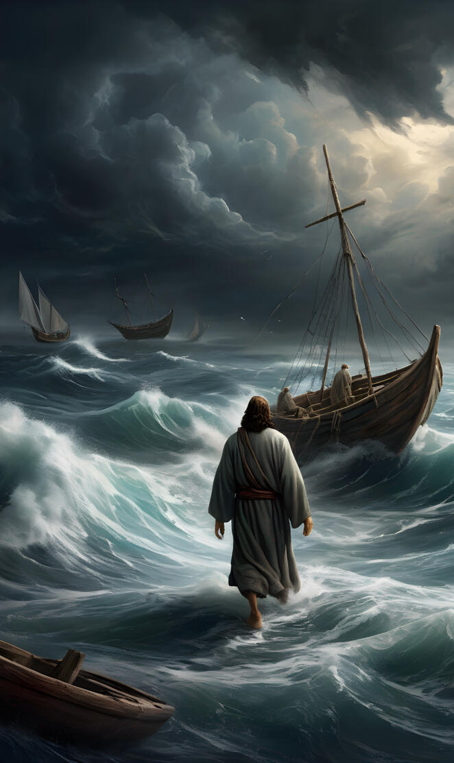 a man walking in the ocean with a boat in the water