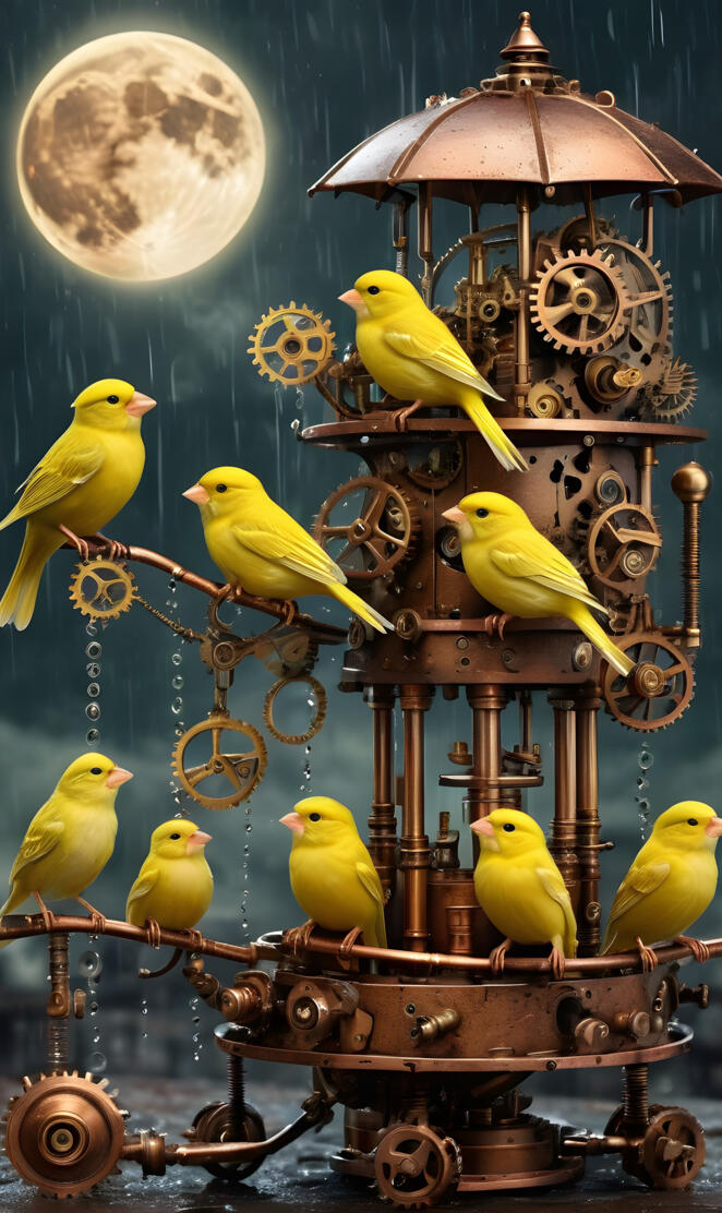 Steampunk. A flock of canaries in rain