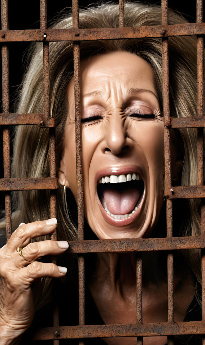 Barbara Streisand screaming in a rusty cage