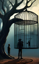 Man in Shadow stuck in cage