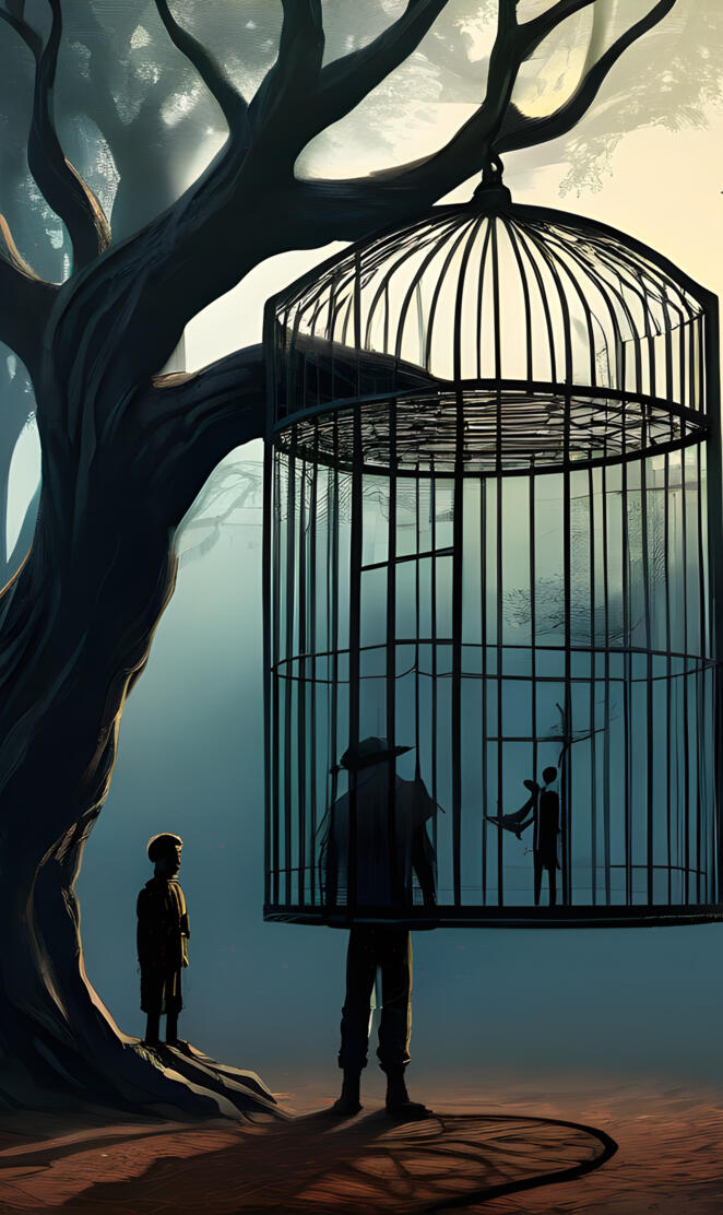 Man in Shadow stuck in cage