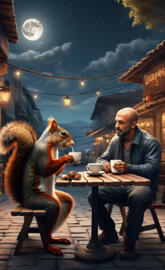 Man his pet squirrel and coffee