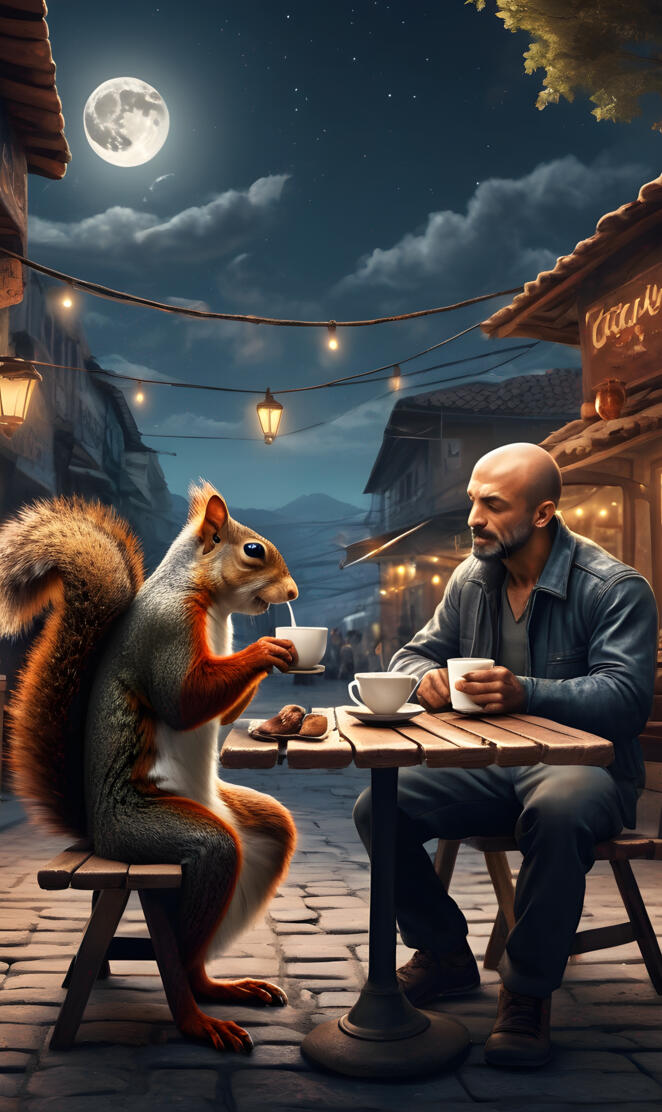 Man his pet squirrel and coffee