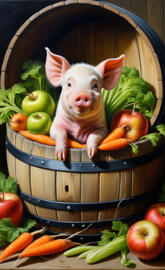 a pig in a cage with vegetables