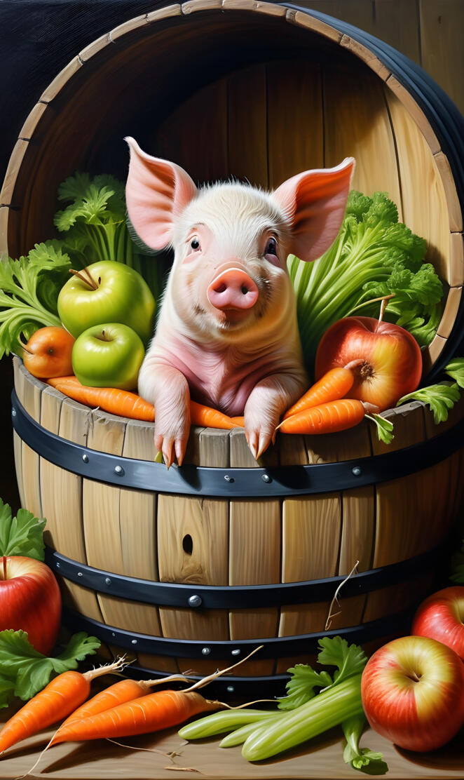 a pig in a cage with vegetables