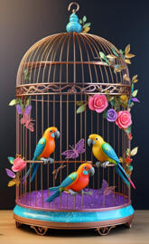 a group of birds in a bird cage