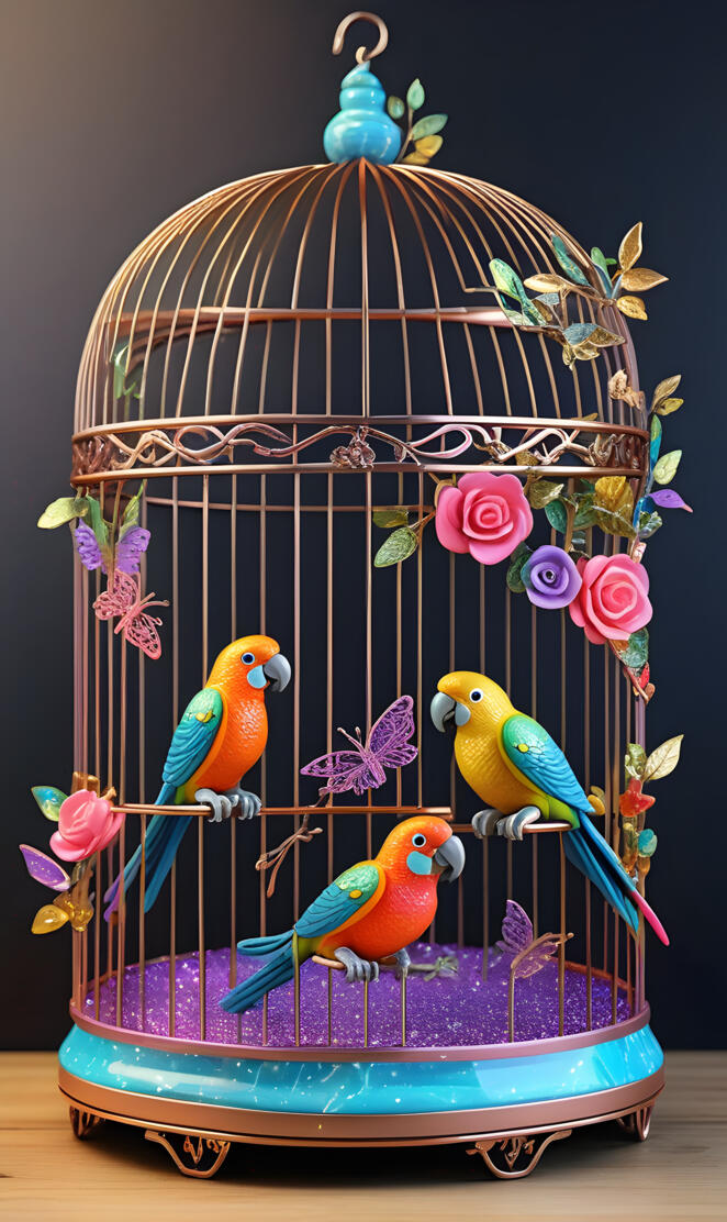a group of birds in a bird cage