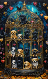 a group of dogs in a cage