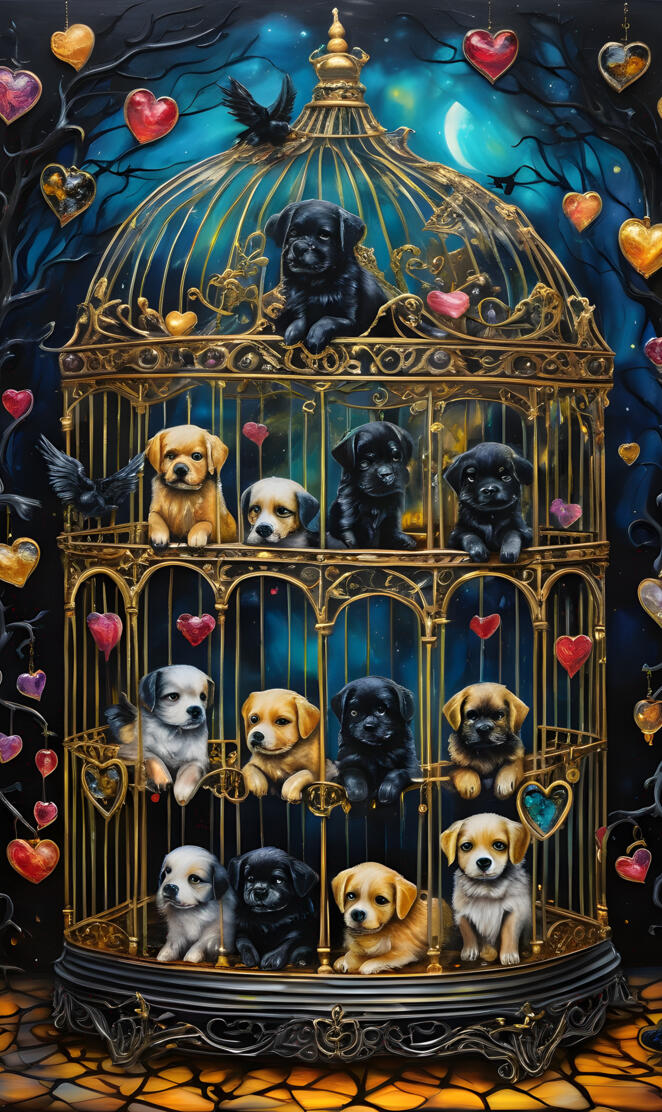a group of dogs in a cage