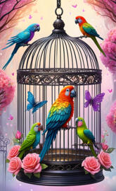 a group of colorful birds in a bird cage