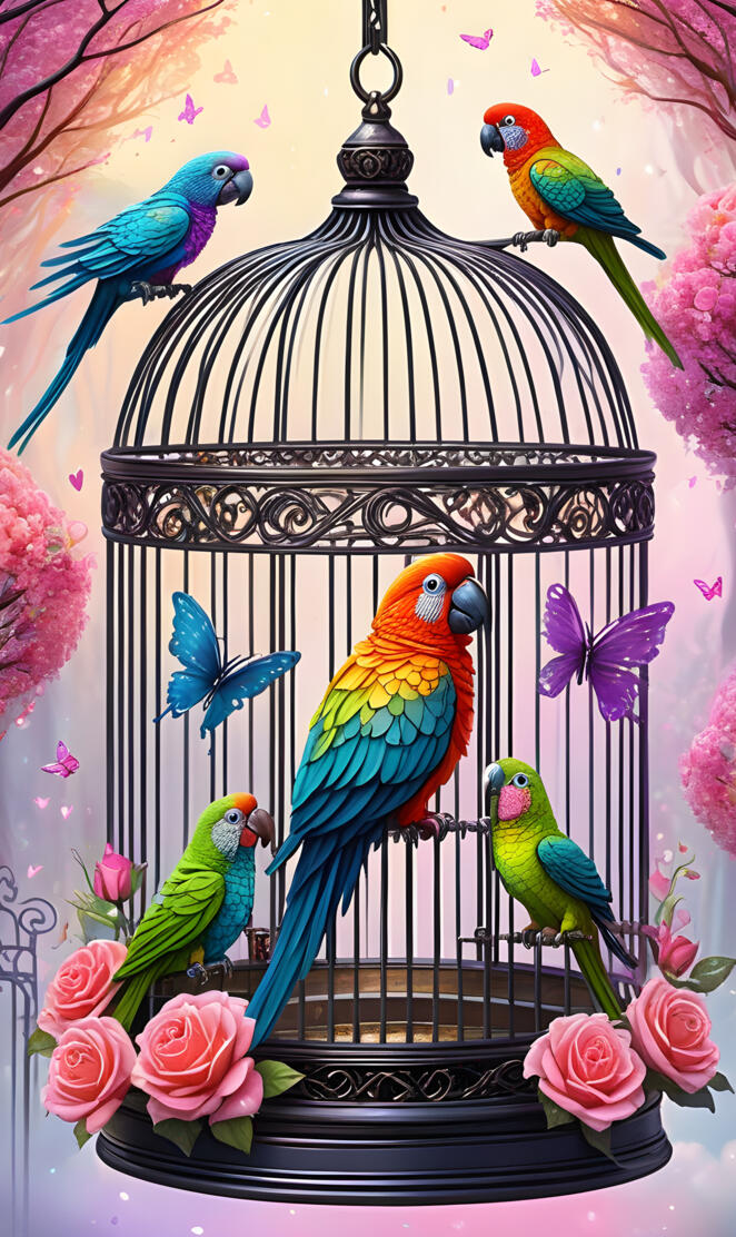 a group of colorful birds in a bird cage