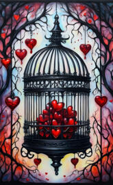 a black and red cage with red flowers